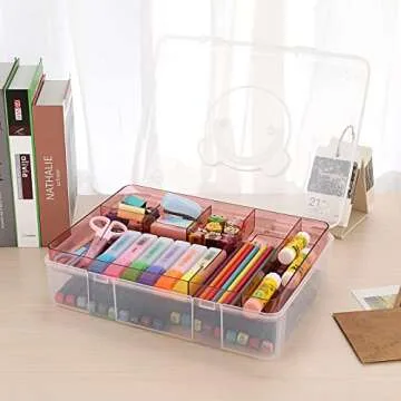 BTSKY 2-Tier Cute Bear Storage Box with Removable Divided Tray Portable Clear Plastic Art Craft Supply Organizer Stackable Home Office Supplies Storage Container for Pens Notes A4 papers etc (Pink)