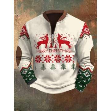 Christmas Sweatshirts for Men Fashion Xmas Graphic Print Sweatshirt Long Sleeve Stand Collar Zip Up Slim Pullover Tops