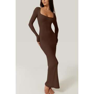 QINSEN Womens Soft Lounge Long Sleeve Dress Ribbed Bodycon Full Length Dresses Brown M