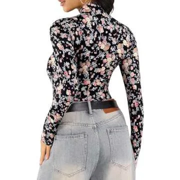 MANGOPOP Women's Mock Turtle Neck Long Sleeve Tops Bodysuit Jumpsuit