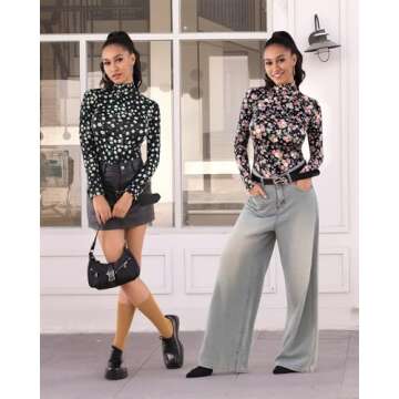 MANGOPOP Women's Mock Turtle Neck Long Sleeve Tops Bodysuit Jumpsuit