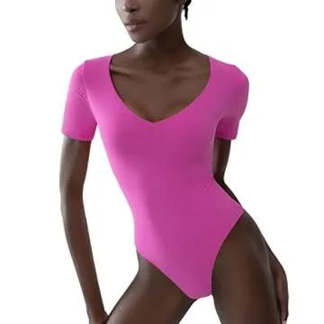 PUMIEY Bodysuit for Women Shorts Sleeve Body Suits Women Clothing V Neck T shirts Sexy Tops Blush Large