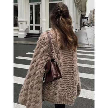 Women's Casual Oversized Sweaters Y2K Chunky Knit Pullover Tops Loose Sleeves Crew Neck Cable Knitted Sweater Tops Khaki