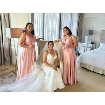 LIKESEEDD Teal Silk Bridesmaid Dresses for Wedding V-Neck Satin Corset Prom Formal Dress with Slit US0