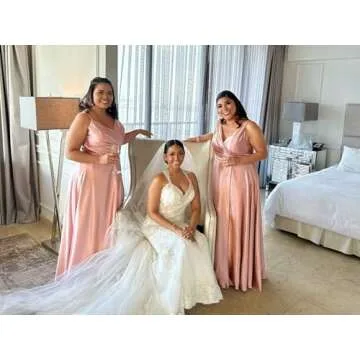 LIKESEEDD Teal Silk Bridesmaid Dresses for Wedding V-Neck Satin Corset Prom Formal Dress with Slit US0