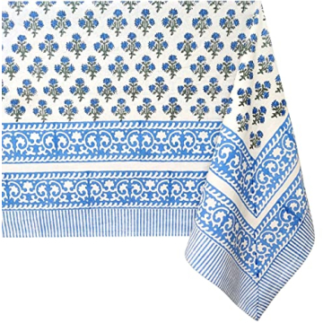 ATOSII Gulbahar Blue 100% Cotton Fall Rectangle Tablecloth, Hand Block Print Washable Table Cover, C...