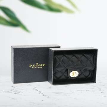 PEONY SUPREME Luxury Black Quilted Leather Wallet Credit Card Holder Wallet Small Wallet Compact Wallet Coin Purse Business Card Holder Gift for Women Gift for Girl