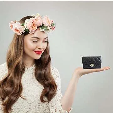 PEONY SUPREME Luxury Black Quilted Leather Wallet Credit Card Holder Wallet Small Wallet Compact Wallet Coin Purse Business Card Holder Gift for Women Gift for Girl