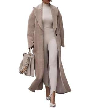 Women's winter solid color double-breasted long trench coat, classic lapel plush women's coat, belt (Color : Khaki, Size : XX-Large)