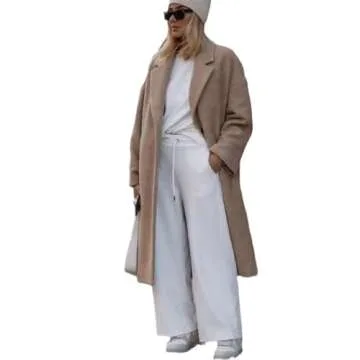 Women's winter solid color double-breasted long trench coat, classic lapel plush women's coat, belt (Color : Khaki, Size : XX-Large)