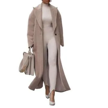 Women's winter solid color double-breasted long trench coat, classic lapel plush women's coat, belt (Color : Khaki, Size : XX-Large)