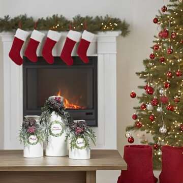 Artificial Christmas Flower Vase Set of 3,White Xmas Decorations Ceramic Vase-Dried Flower Vase with Holiday Ornaments Red Berry Pine Cone Greenery for Christmas Decor Indoor Home Decor