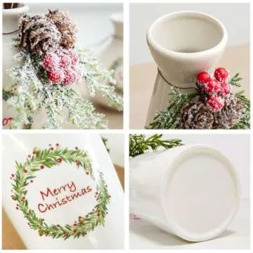 Artificial Christmas Flower Vase Set of 3,White Xmas Decorations Ceramic Vase-Dried Flower Vase with Holiday Ornaments Red Berry Pine Cone Greenery for Christmas Decor Indoor Home Decor