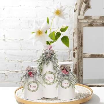 Artificial Christmas Flower Vase Set of 3,White Xmas Decorations Ceramic Vase-Dried Flower Vase with Holiday Ornaments Red Berry Pine Cone Greenery for Christmas Decor Indoor Home Decor