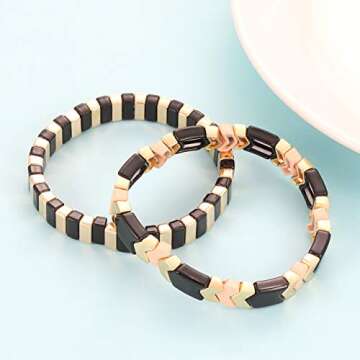 Tile Enamel Bracelet Set Tila Chevron Arrow Rectangle Elastic Stretchy Beaded Bracelet Colorblock Stackable Bracelet For Woman Gift