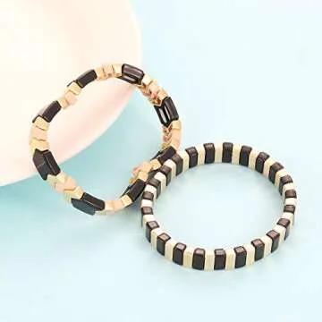 Tile Enamel Bracelet Set Tila Chevron Arrow Rectangle Elastic Stretchy Beaded Bracelet Colorblock Stackable Bracelet For Woman Gift