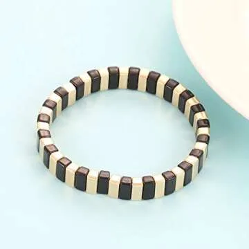 Tile Enamel Bracelet Set Tila Chevron Arrow Rectangle Elastic Stretchy Beaded Bracelet Colorblock Stackable Bracelet For Woman Gift