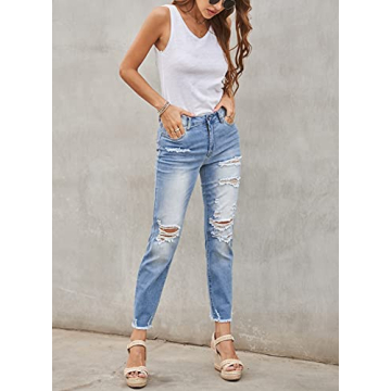 Dokotoo Womens Distressed Raw Hem Washed Jeans Ripped Slim Fit Boyfriend Denim Pants Sky Blue Small