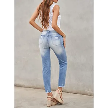 Dokotoo Womens Distressed Raw Hem Washed Jeans Ripped Slim Fit Boyfriend Denim Pants Sky Blue Small