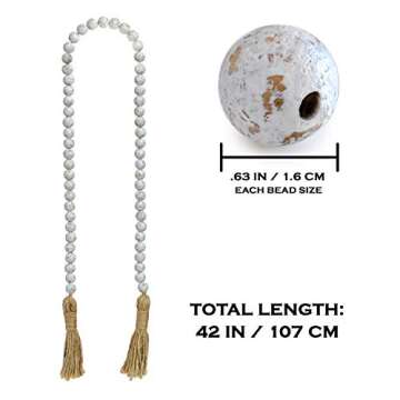 Farmhouse Wood Bead Garland Home Decor, Natural Wooden Garland for Tiered Tray, Decorative Tassel Garland for Tier Tray, Rustic Beads Centerpiece Boho Table Decor, Garland Beaded Accent White Washed