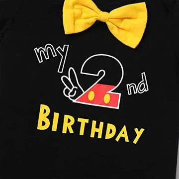 Gentleman Mouse 2nd Birthday Outfit Boys Cake Smash Photo Props for Toddler Kid Baby Romper Suspenders Shorts Bloomers Headband Halloween Second Mouse Themed Birthday Party Supplies Black 18-24 Months