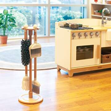 Kaplan Early Learning Modern Pretend Play Cleaning Set with Stand - Montessori Kids Cleaning Tools with Realistic Broom, Mop, duster, Handheld Broom & Dustpan with Storage Stand - Perfect for Dramatic