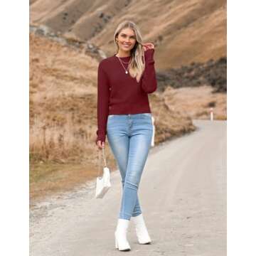 Zeagoo Women's 2025 Fall Crewneck Cropped Sweater Trendy Long Sleeve Ribbed Knit Pullover Jumper Tops Wine Red