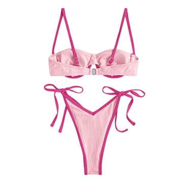 ZAFUL Women's Underwire Bikini Color Block Swimsuit Two Piece String Bikini Set Ribbed Frilled Bathing Suit(2-Rose Red,L)