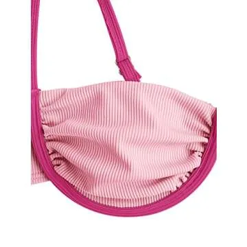 ZAFUL Women's Underwire Bikini Color Block Swimsuit Two Piece String Bikini Set Ribbed Frilled Bathing Suit(2-Rose Red,L)