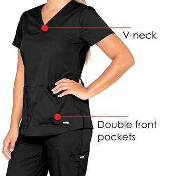 Grey's Anatomy Women's Two Pocket V-Neck Scrub Top with Shirring Back, Black, Medium
