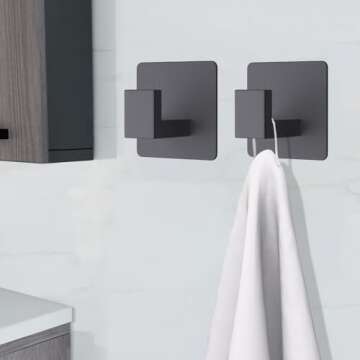 VAEHOLD Adhesive Towel Hooks, Heavy Duty Wall Hooks Aluminum Black Hooks for Hanging Coat, Hat, Towel, Robe, Clothes, Shower Hook for Door, Office, Kitchen, Bathroom - 2 Pack (Black)