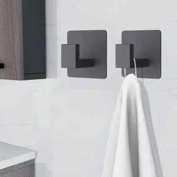 VAEHOLD Adhesive Towel Hooks, Heavy Duty Wall Hooks Aluminum Black Hooks for Hanging Coat, Hat, Towel, Robe, Clothes, Shower Hook for Door, Office, Kitchen, Bathroom - 2 Pack (Black)