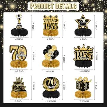 Refavor 70th Birthday Decorations Men, Happy 1955 Vintage 70 Years Old Honeycomb Centerpieces Party Decor for Women, 9pcs Cheer Black Gold Table Supples