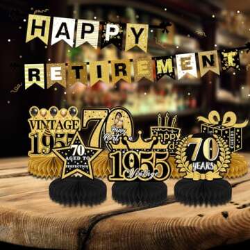 Refavor 70th Birthday Decorations Men, Happy 1955 Vintage 70 Years Old Honeycomb Centerpieces Party Decor for Women, 9pcs Cheer Black Gold Table Supples