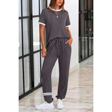PRETTYGARDEN Women's Two Piece Outfit Short Sleeve Pullover with Drawstring Long Pants Tracksuit Jogger Set (Stripes Grey,Small)