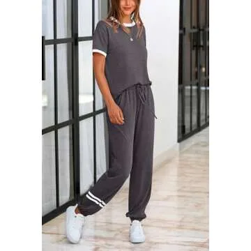 PRETTYGARDEN Women's Two Piece Outfit Short Sleeve Pullover with Drawstring Long Pants Tracksuit Jogger Set (Stripes Grey,Small)