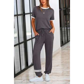 PRETTYGARDEN Women's Two Piece Outfit Short Sleeve Pullover with Drawstring Long Pants Tracksuit Jogger Set (Stripes Grey,Small)