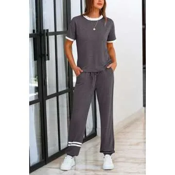 PRETTYGARDEN Women's Two Piece Outfit Short Sleeve Pullover with Drawstring Long Pants Tracksuit Jogger Set (Stripes Grey,Small)