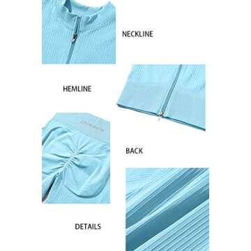 QINSEN Womens Yoga Short Leggings 2 Piece Outfits Ribbed 2-Way Zip Up Crop Tops Seamless High Waist Booty Shorts Light Blue M