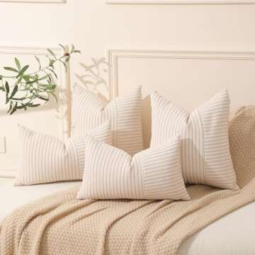 Hckot Khaki and Beige Patchwork Farmhouse Throw Pillow Covers 24 x 24 Inch, Pack of 2 Striped Linen Decorative Pillow Case for Sofa Couch Chair Bedroom Modern Decor (24" x 24", Khaki)