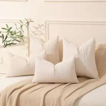 Hckot Khaki and Beige Patchwork Farmhouse Throw Pillow Covers 24 x 24 Inch, Pack of 2 Striped Linen Decorative Pillow Case for Sofa Couch Chair Bedroom Modern Decor (24" x 24", Khaki)