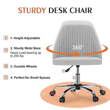 Sweetcrispy Armless Office Chair, Modern Fabric Home Office Desk Chairs with Wheels Adjustable Swivel Task Computer Vanity Seat for Small Spaces