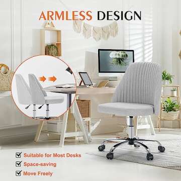 Sweetcrispy Armless Office Chair, Modern Fabric Home Office Desk Chairs with Wheels Adjustable Swivel Task Computer Vanity Seat for Small Spaces