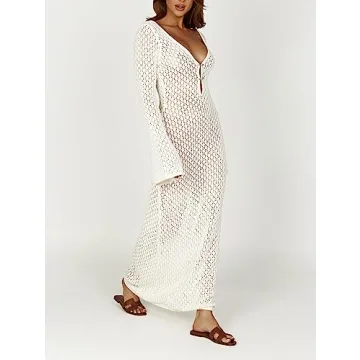 Chic Women See Through Knit Long Dress Maxi Beach Cover-Up