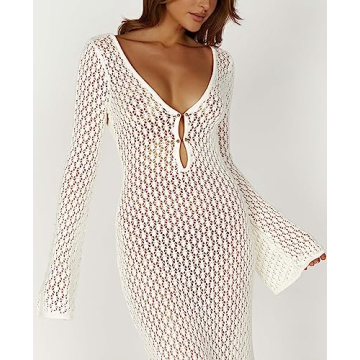 Chic Women See Through Knit Long Dress Maxi Beach Cover-Up