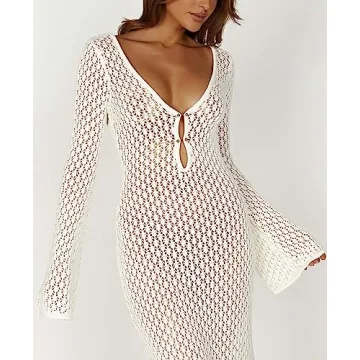 Chic Women See Through Knit Long Dress Maxi Beach Cover-Up