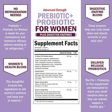 Prebiotics and Probiotics for Women - for Gut, Vaginal and Immune Health Support with Black Cohosh and Red Clover - Whole Food Digestive Enzymes Capsules, Lactobacillus Probiotic Supplement, 30 Count