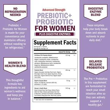 Prebiotics and Probiotics for Women - for Gut, Vaginal and Immune Health Support with Black Cohosh and Red Clover - Whole Food Digestive Enzymes Capsules, Lactobacillus Probiotic Supplement, 30 Count