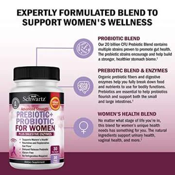 Prebiotics and Probiotics for Women - for Gut, Vaginal and Immune Health Support with Black Cohosh and Red Clover - Whole Food Digestive Enzymes Capsules, Lactobacillus Probiotic Supplement, 30 Count
