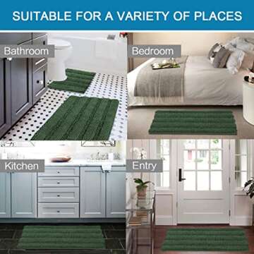 H.VERSAILTEX Bathroom Rugs Bath Rugs for Bathroom Non Slip Bath Mats Extra Thick Chenille Striped Rug 17" x 24" Absorbent Soft Shaggy Washable Dry Fast Bath Mats for Bathroom Floor - Bronze Green